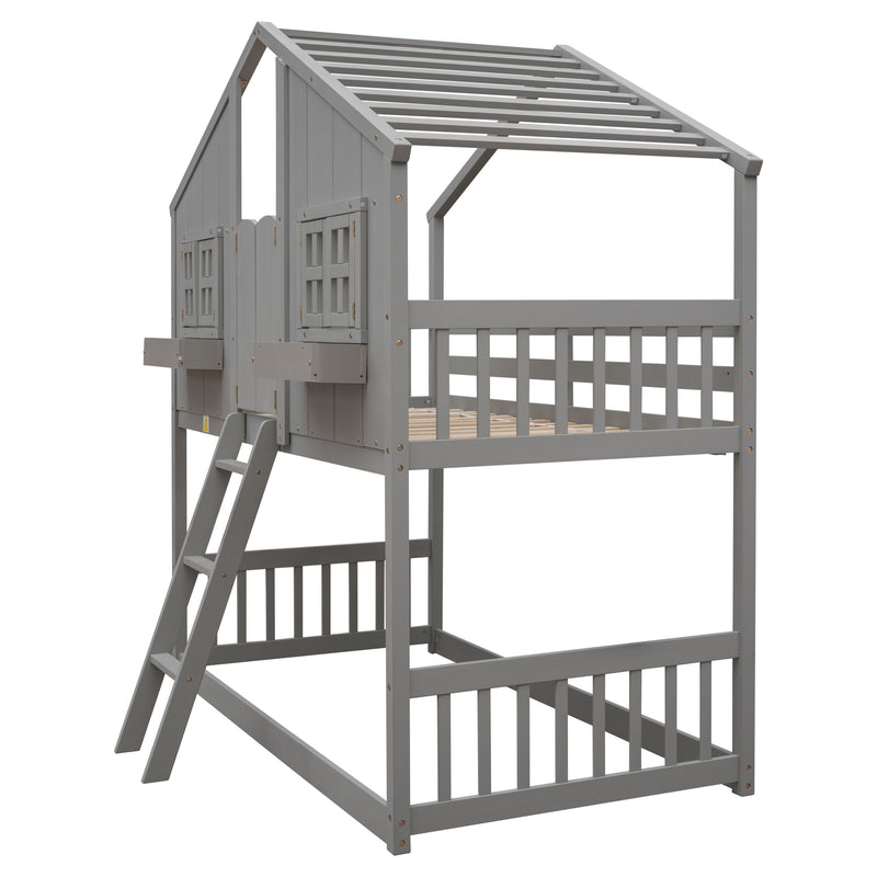 Twin over Twin House Bunk Bed with Roof , Window, Window  Box, Door , with Safety Guardrails and Ladder, Grey