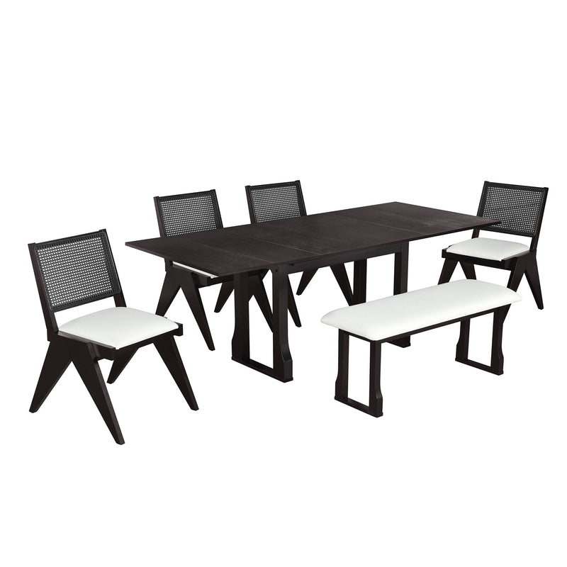 6 Piece Extendable Dining Table Set With 4 Wicker Back Upholstered Dining Chairs And Long Bench, 2 Removable Leaf
