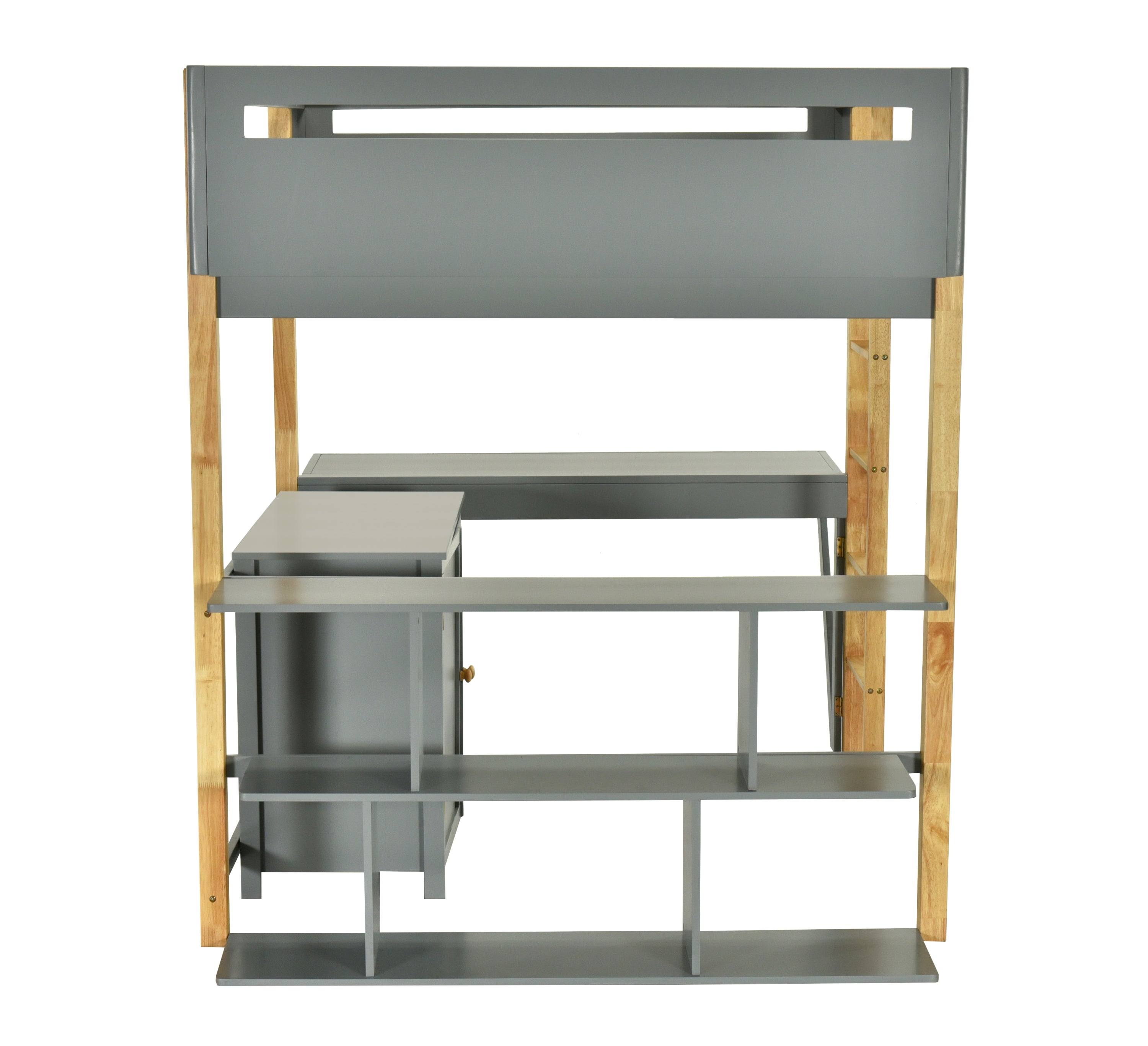 Full Size Wood Loft Bed With Built-in Storage Cabinet and Cubes, Foldable desk, Gray