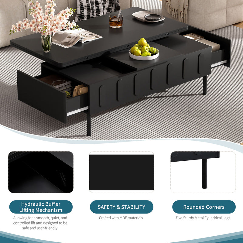 Lift Top Coffee Table With 2 Drawers With Hidden Storage Compartment For Living Room