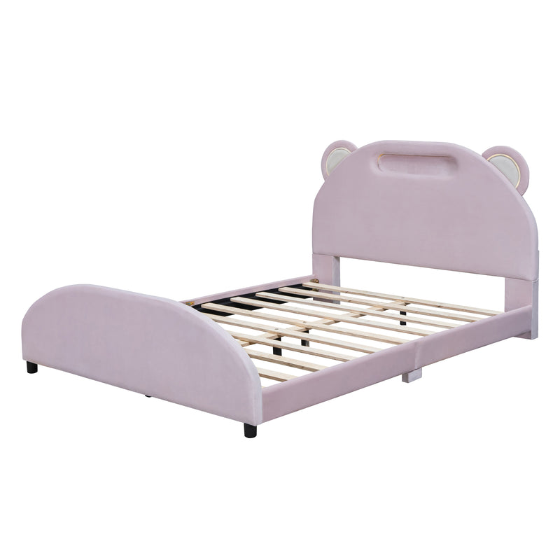 Full Size Upholstered Platform Bed with Bear-Shaped Headboard and Embedded Light Stripe, Velvet, Pink