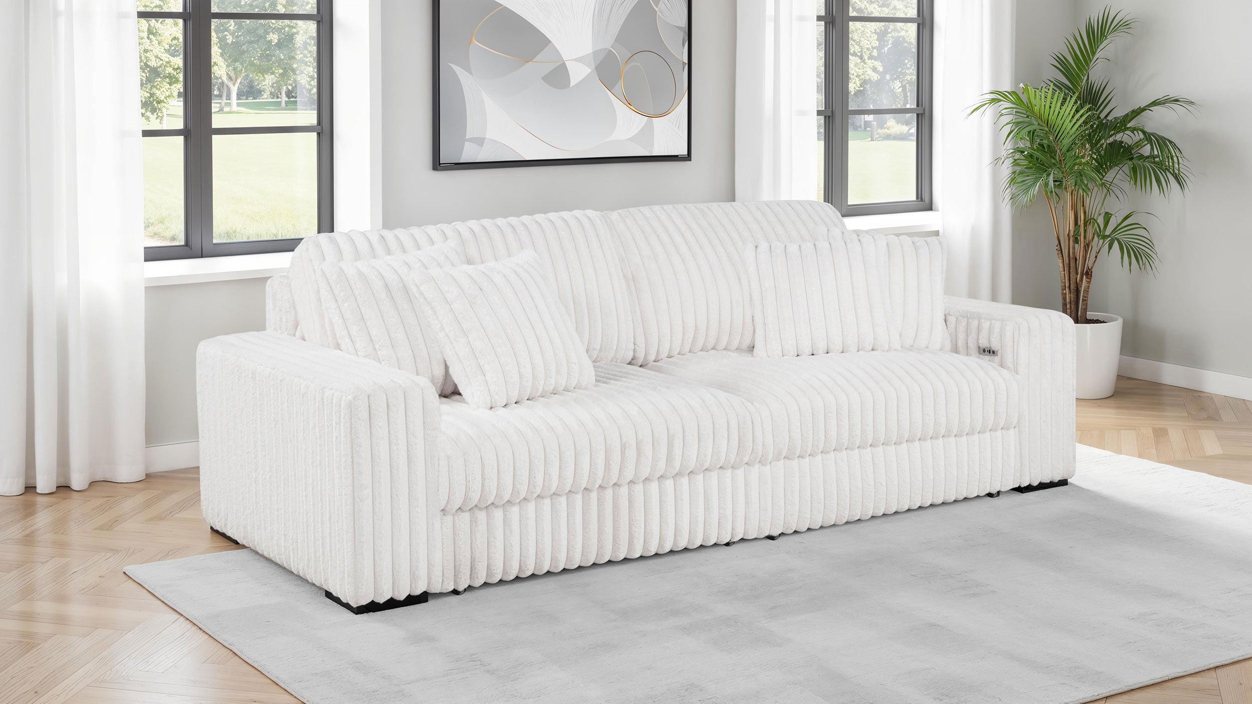 Jacana Corduroy Upholstered Dual Power Chaise Sofa Ivory — view 2