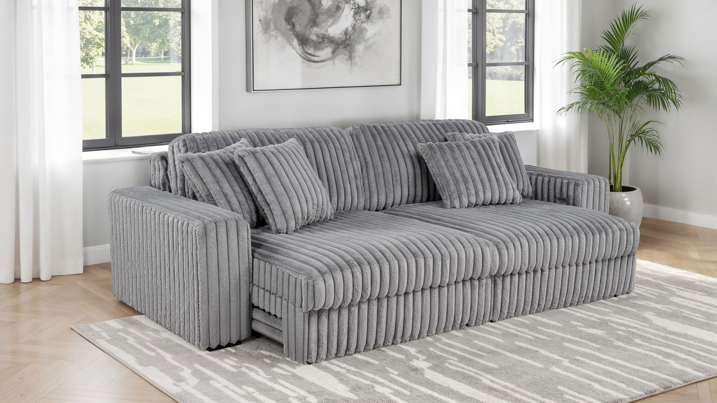 Jacana Corduroy Upholstered Dual Power Chaise Sofa Grey — view 3