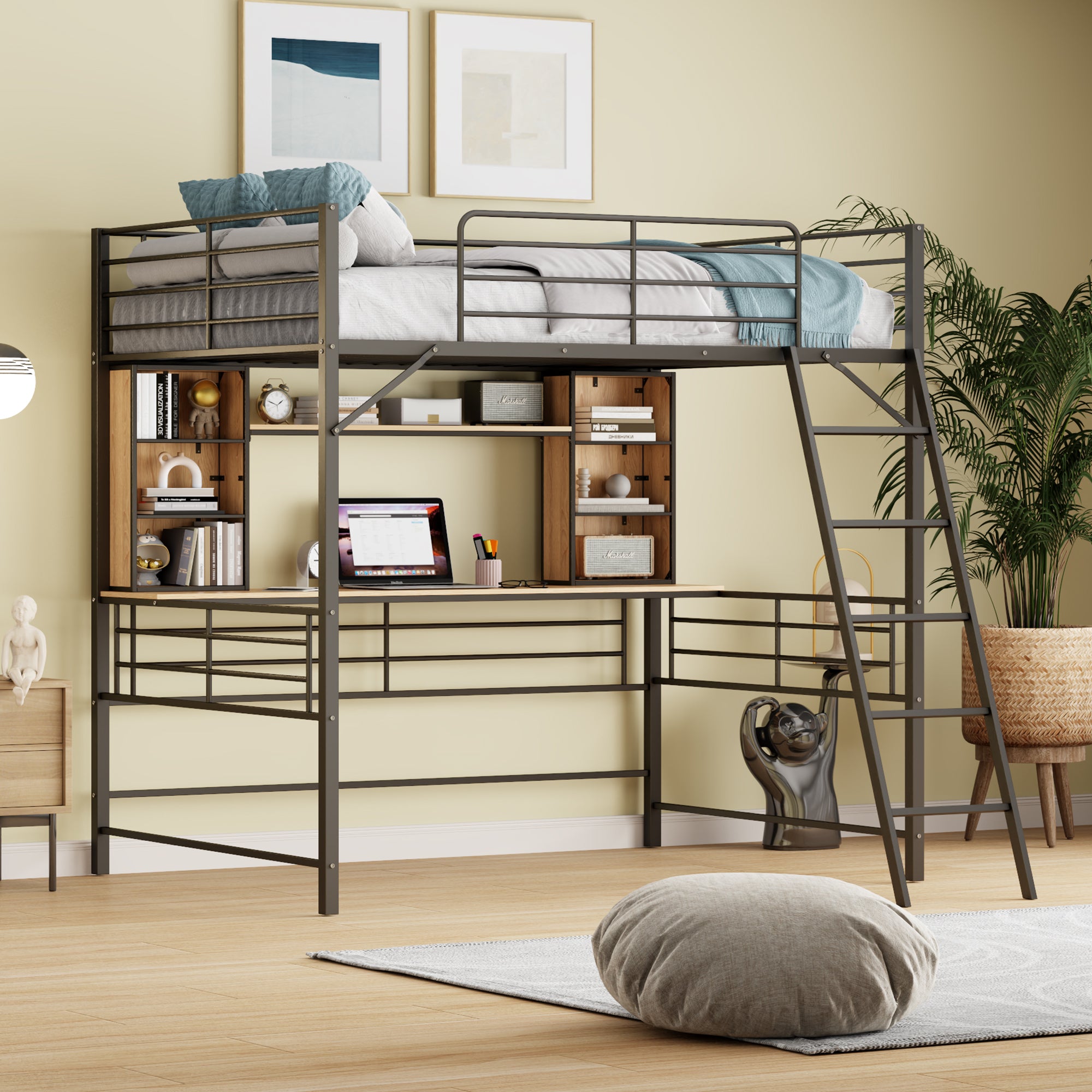 Full Size Loft Bed with Desk and Shelf , Loft Bed with Ladder,Full,Black - Atlantic Fine Furniture Melbourne FL