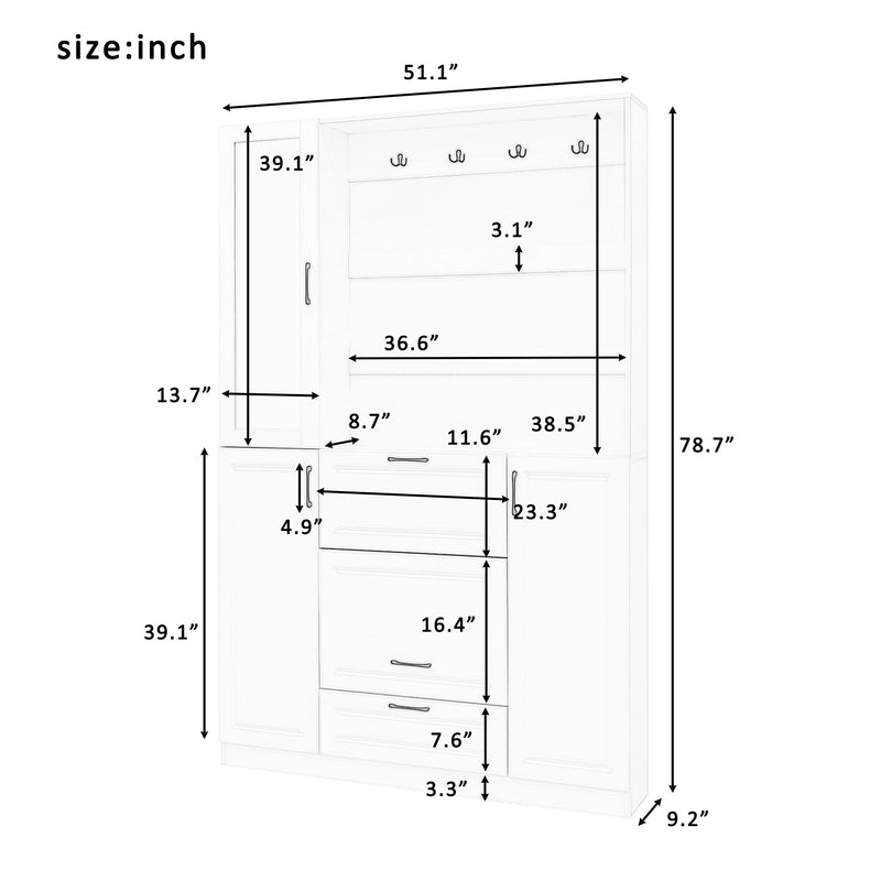 Entryway Bench With Integrated Shoe Cabinet, 3 In 1 Design And Mirrored Cabinet Door, Hall Tree With 4 Sturdy Hooks And Foldable Seat For Entrance, Living Room - White