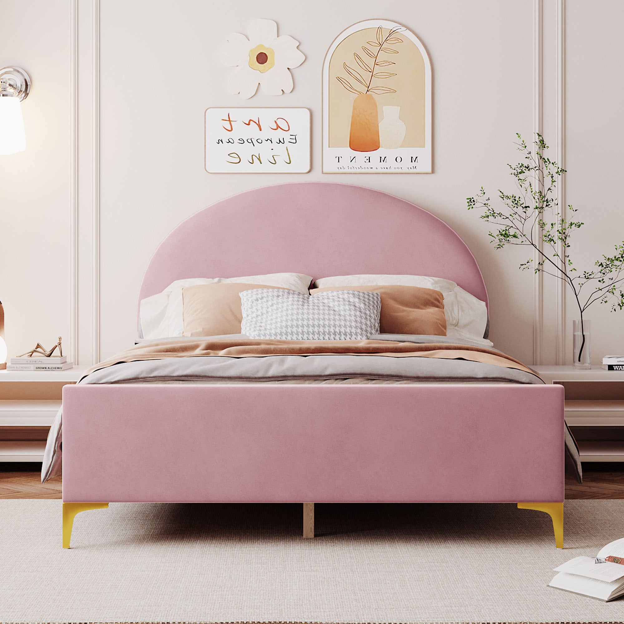Full Size Upholstered Platform Bed with Classic Semi-circle Shaped headboard and Mental Legs, Velvet, Pink - Atlantic Fine Furniture Melbourne FL