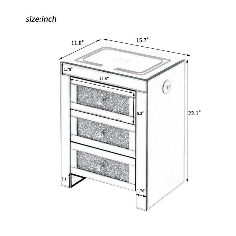 Rectangle Mirrored End Table With Wireless&Usb Charging, Modern Side Table With Led Lights, 3 Drawers With Crystal Style Handles For Living Room - Silver
