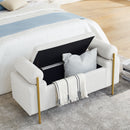 Elegant Upholstered Linen Storage Bench With Cylindrical Arms And Iron Legs, White