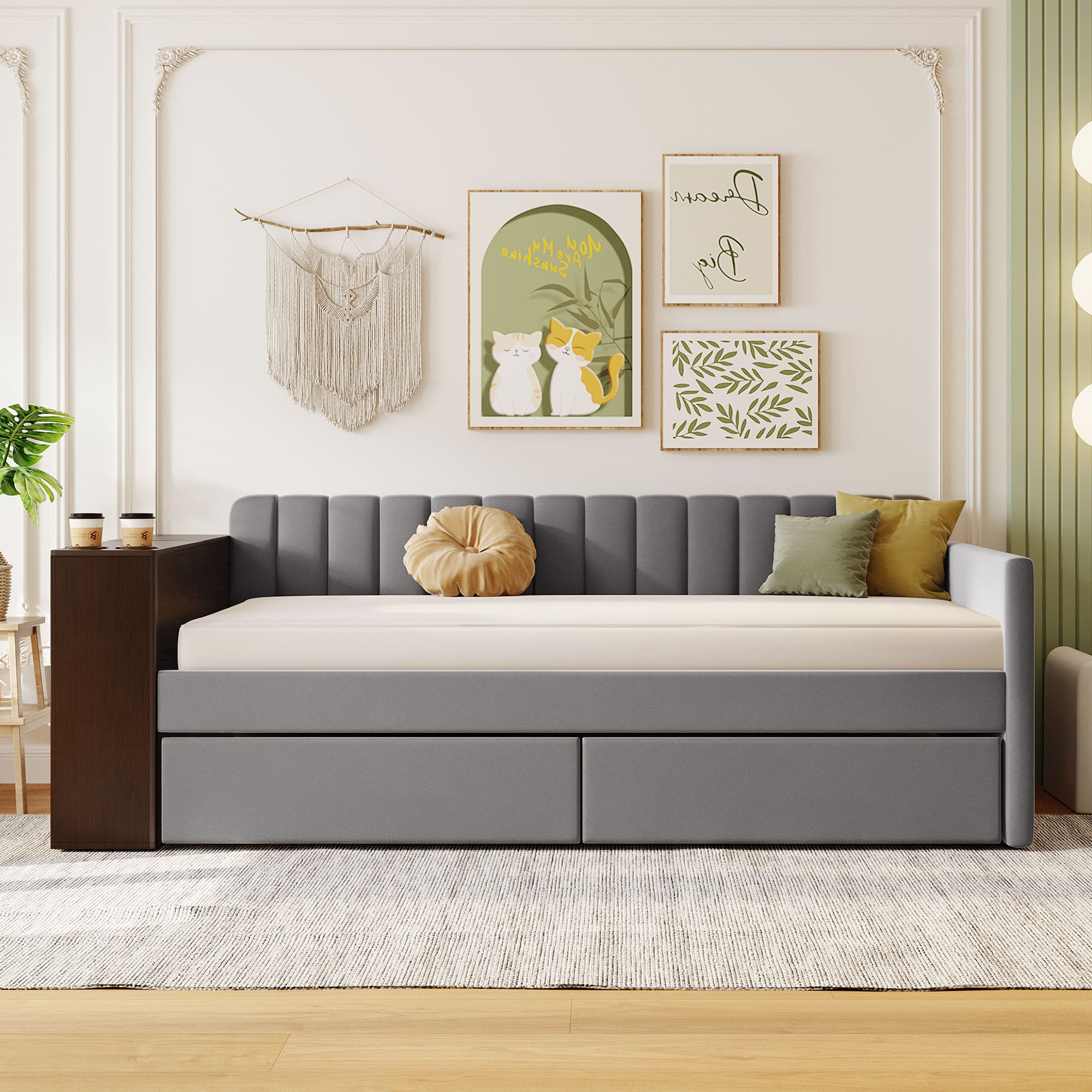 Twin Size Upholstered Daybed with Storage Armrest and 2 Drawers, Multi-functional Daybed with Cup Holder and a set of USB Ports and Sockets, Gray - Atlantic Fine Furniture Melbourne FL
