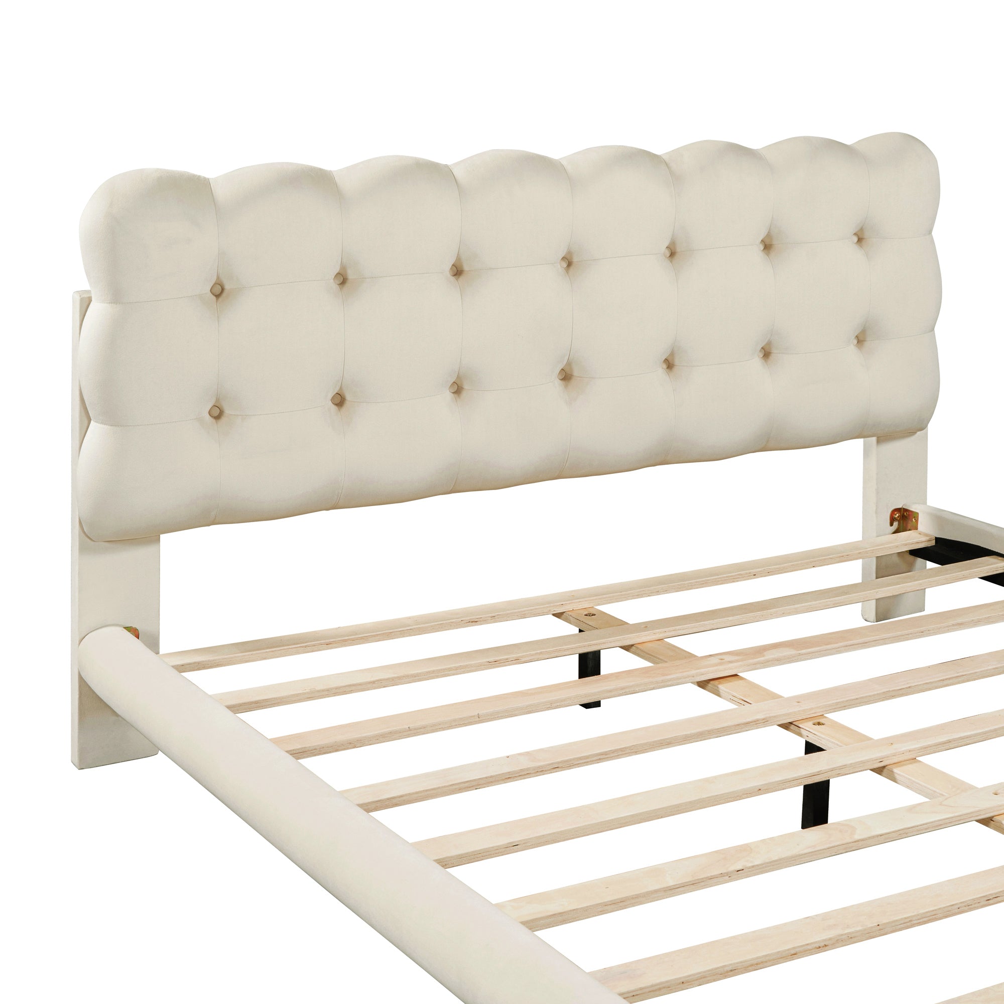 Queen Size Velvet Platform Bed with LED Frame, Thick & Soft Fabric and Button-tufted Design Headboard, Beige - Atlantic Fine Furniture Melbourne FL