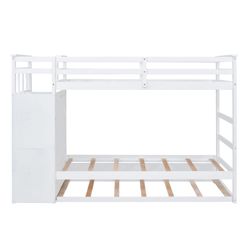 Twin Over Twin Bunk Bed With Trundle And Staircase - White