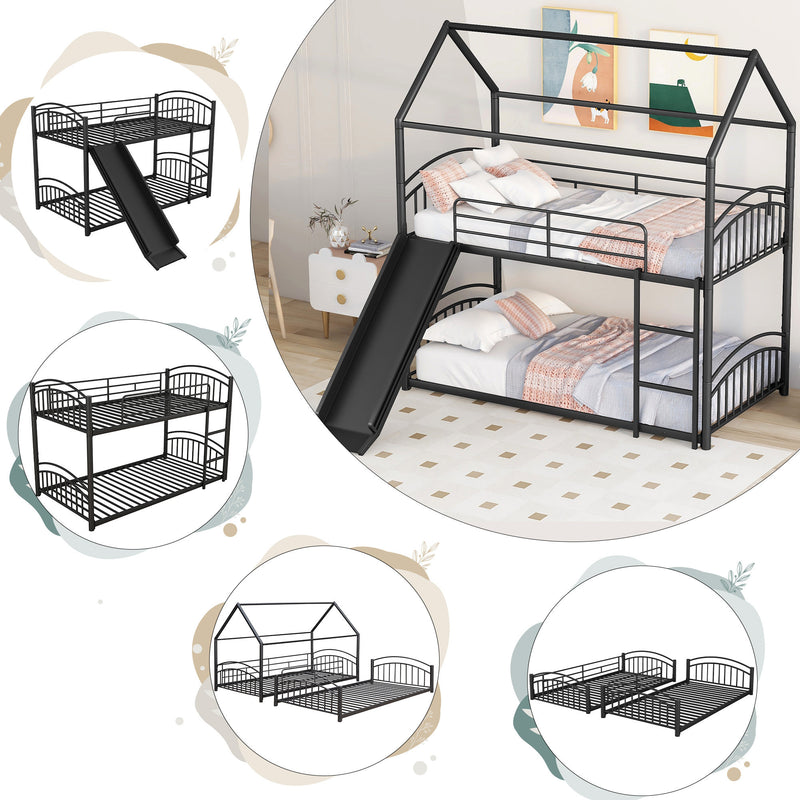 Twin Over Twin Metal Bunk Bed With Slide,Kids House Bed Black