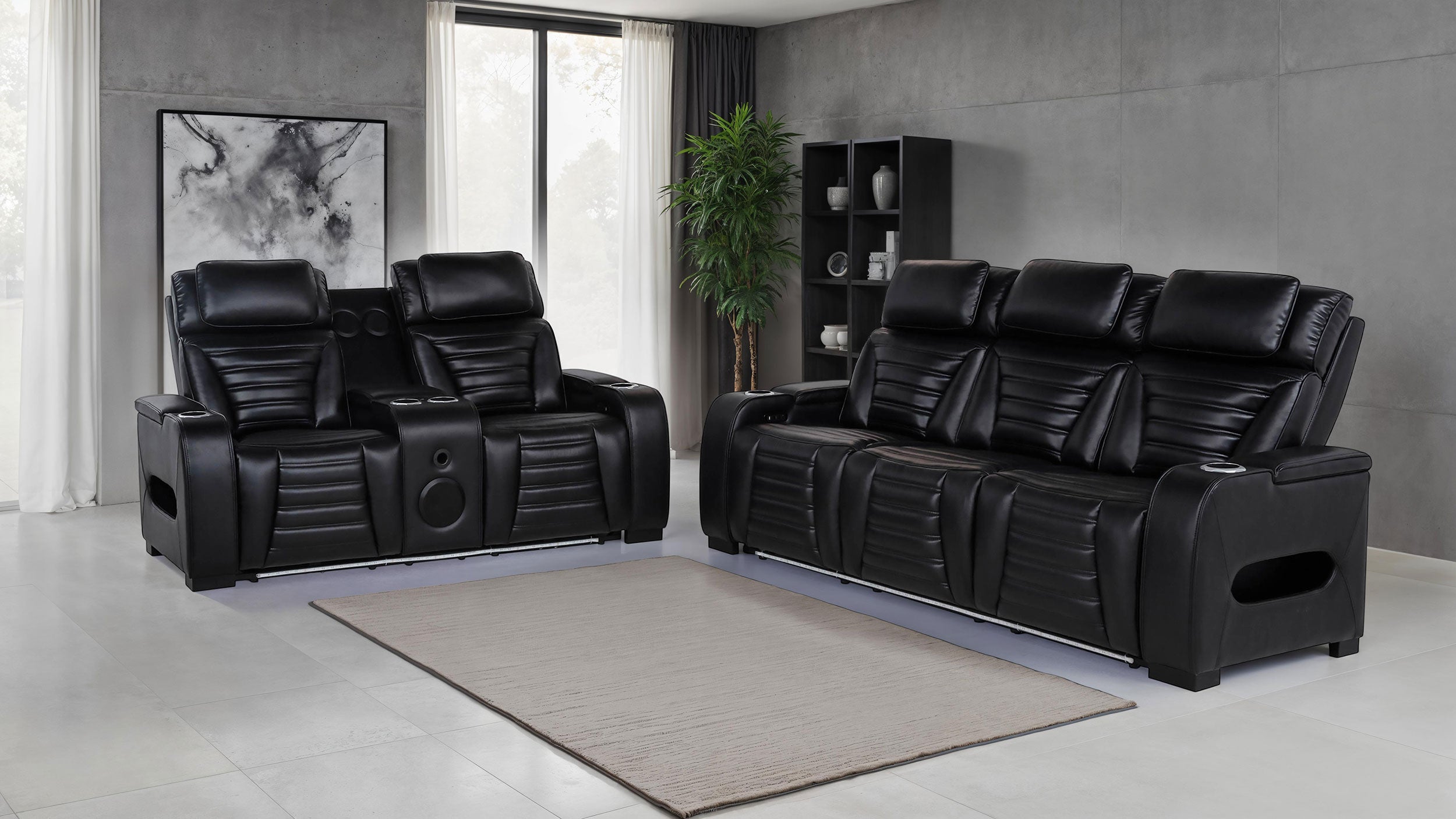 Zuma 2-piece Faux Leather Dual Power LED Sofa Set Black — view 2