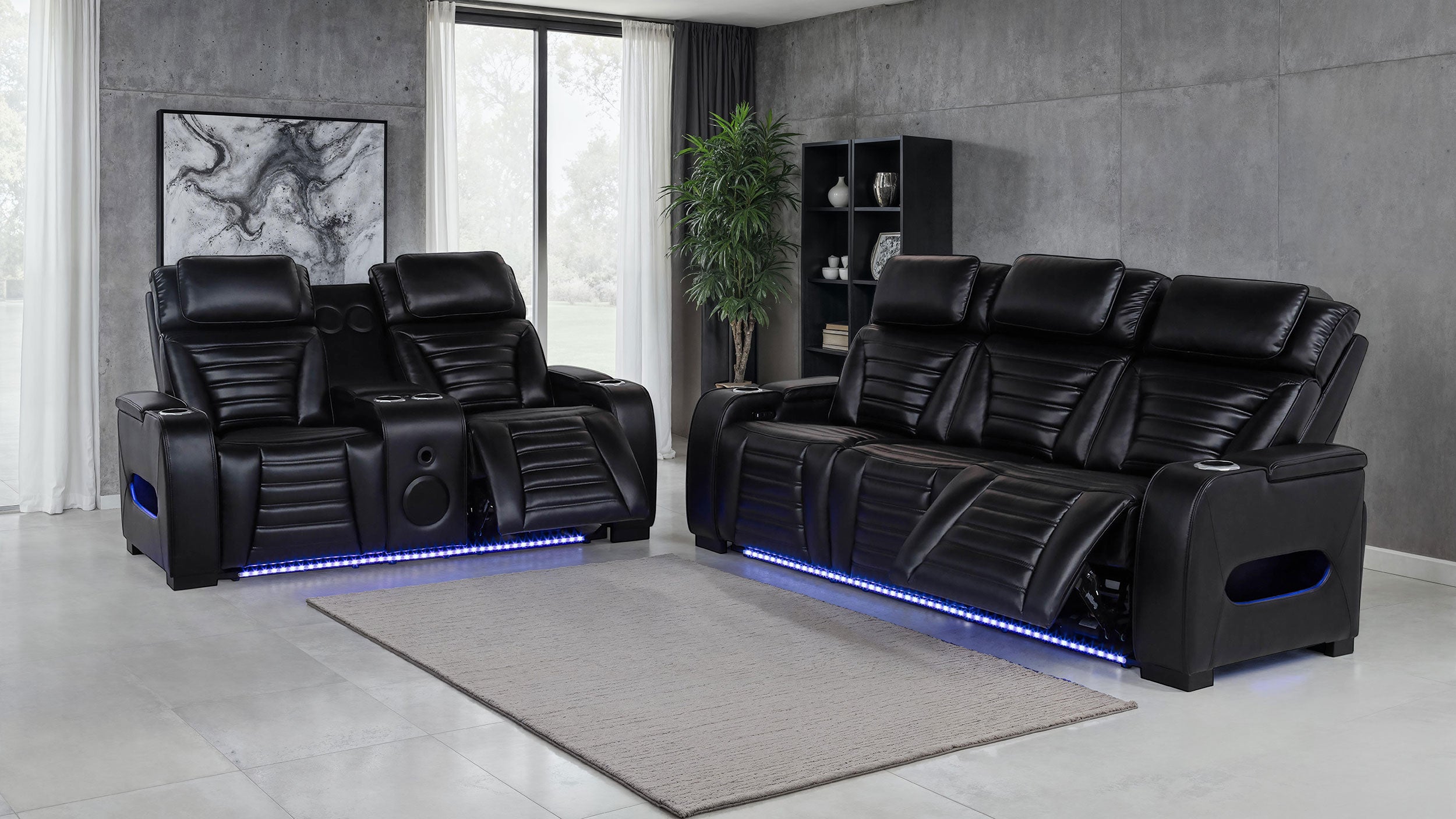 Zuma 2-piece Faux Leather Dual Power LED Sofa Set Black — view 3
