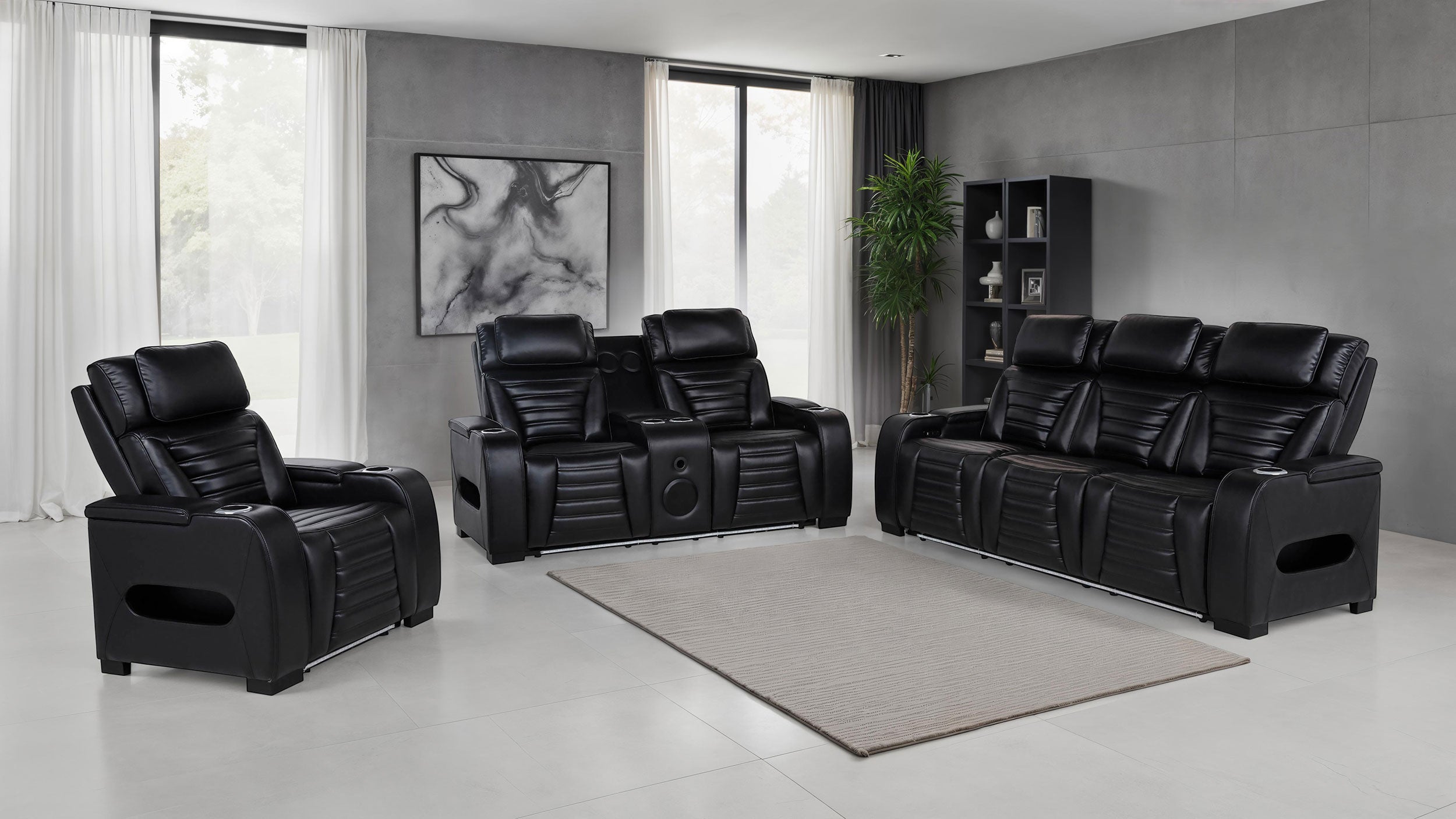 Zuma 3-piece Faux Leather Dual Power LED Sofa Set Black — view 1