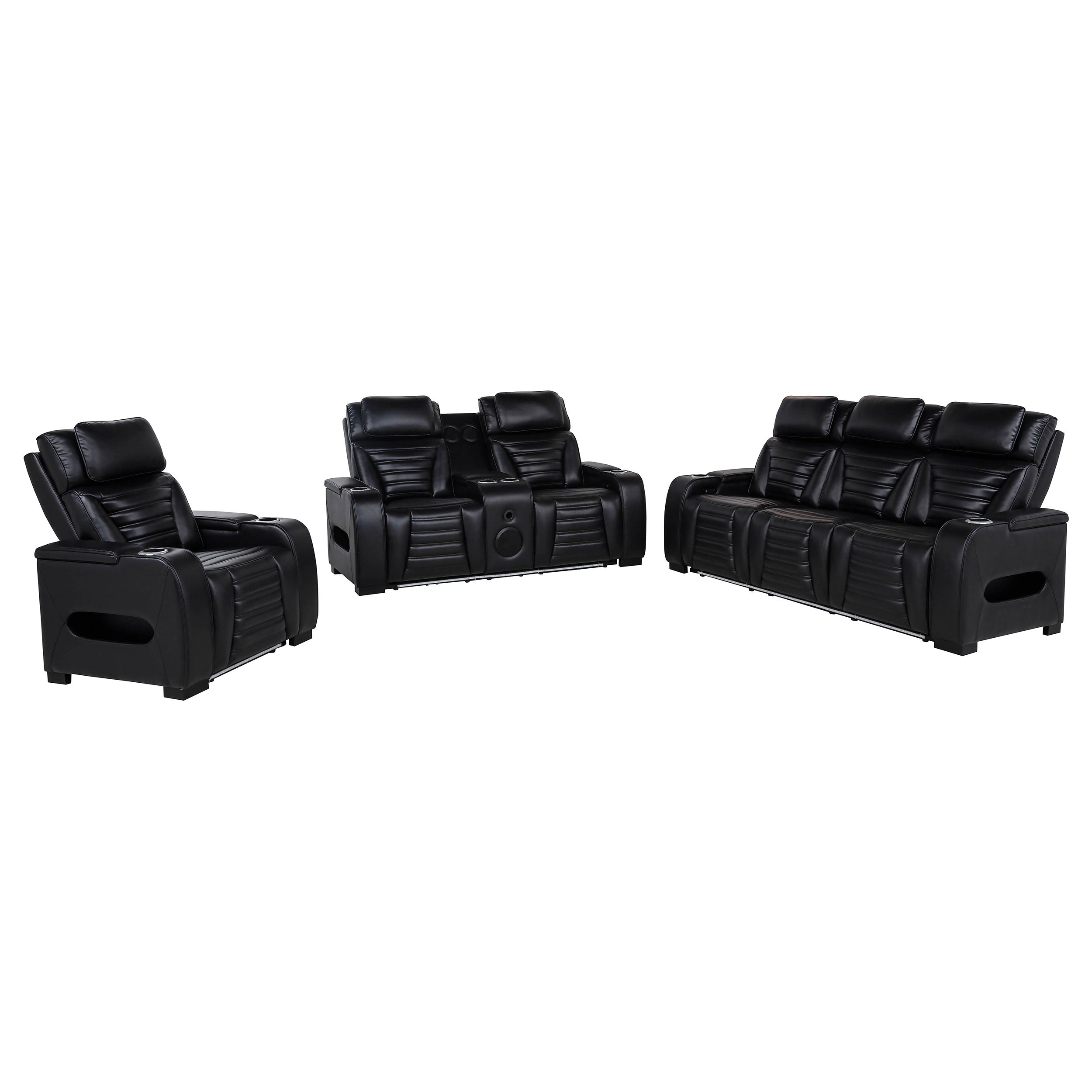 Zuma 3-piece Faux Leather Dual Power LED Sofa Set Black — view 3