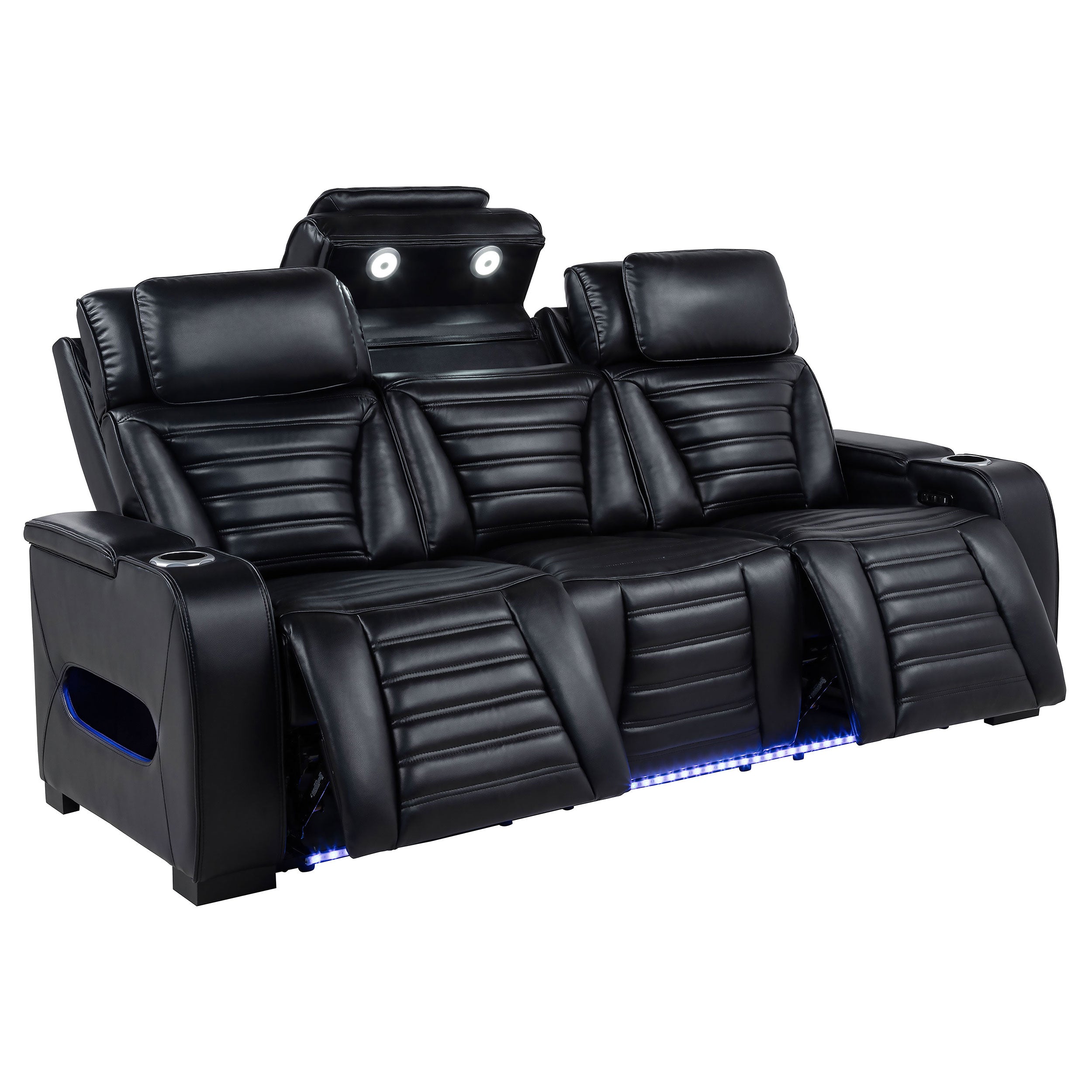 Zuma Faux Leather Dual Power Reclining LED Sofa Black — view 4