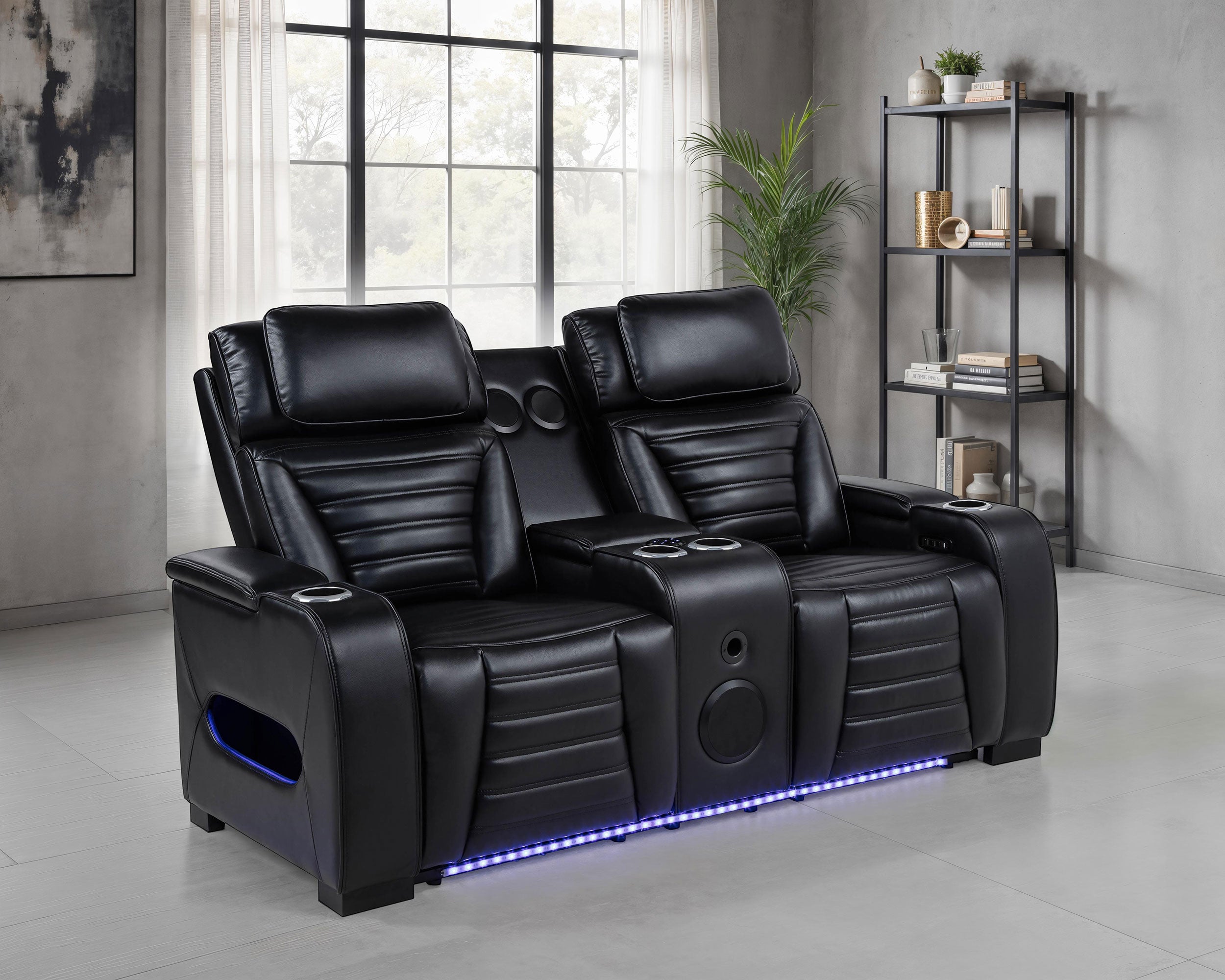 Zuma Faux Leather Dual Power Reclining LED Loveseat Black — view 2