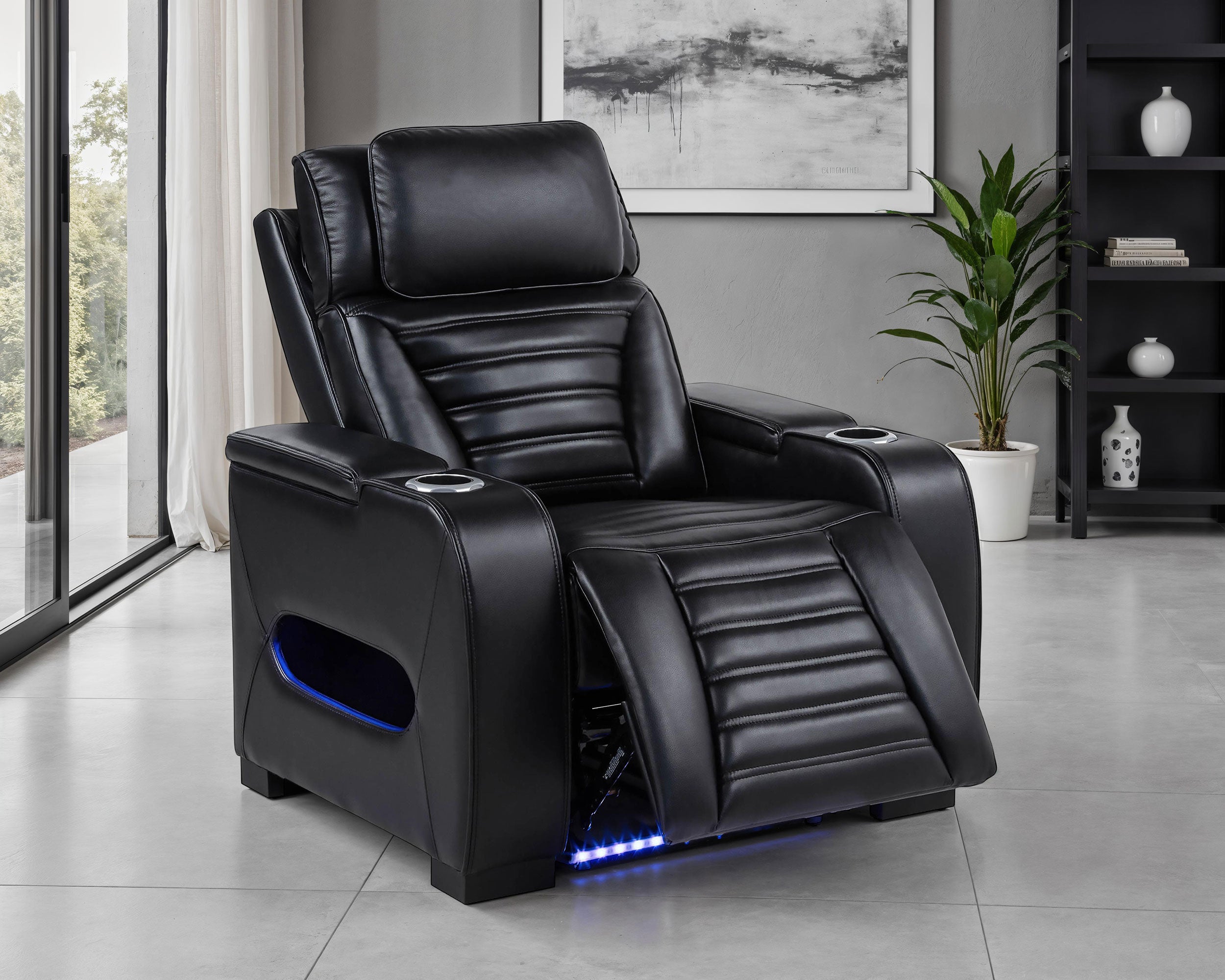 Zuma Faux Leather Upholstered Dual Power LED Recliner Black — view 3
