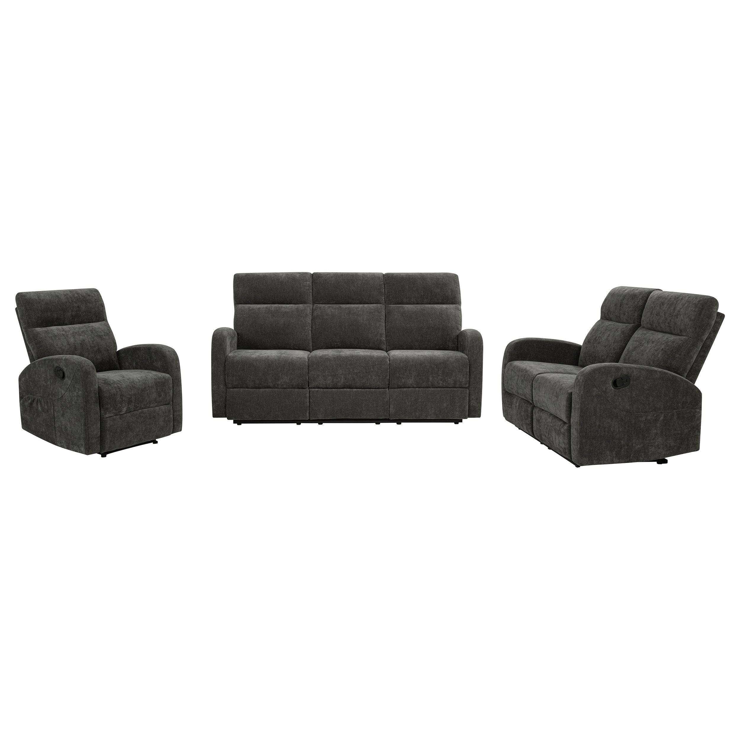 Hamilton 3-piece Chenille Manual Reclining Sofa Set Charcoal Grey — view 3