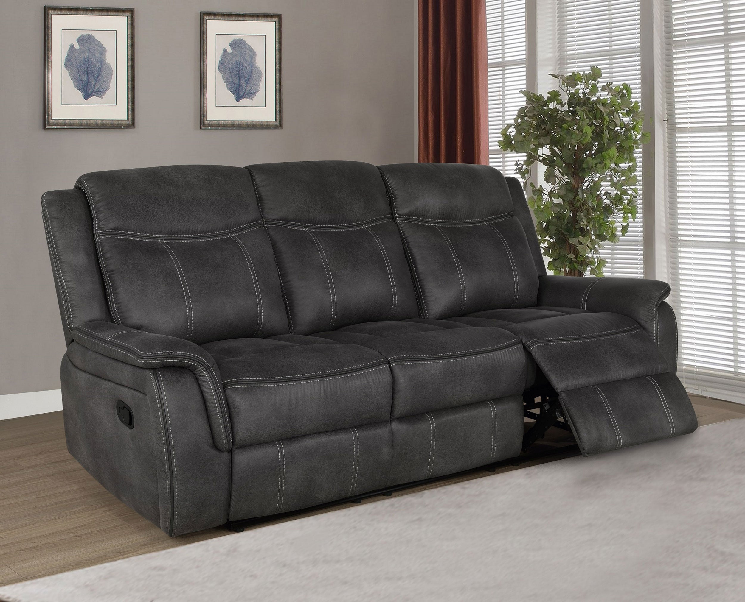 Lawrence Upholstered Padded Arm Reclining Sofa Charcoal — view 2