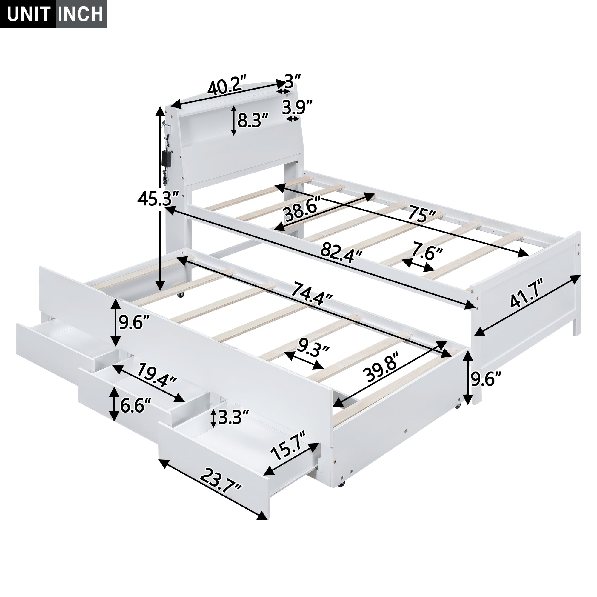 Twin Size Platform Bed with Storage LED Headboard, Twin Size Trundle and 3 Drawers, White - Atlantic Fine Furniture Melbourne FL
