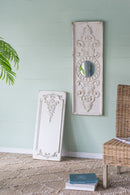 Large Wooden Wall Art Panels With Distressed Round Mirror Accents (Set of 2) - White