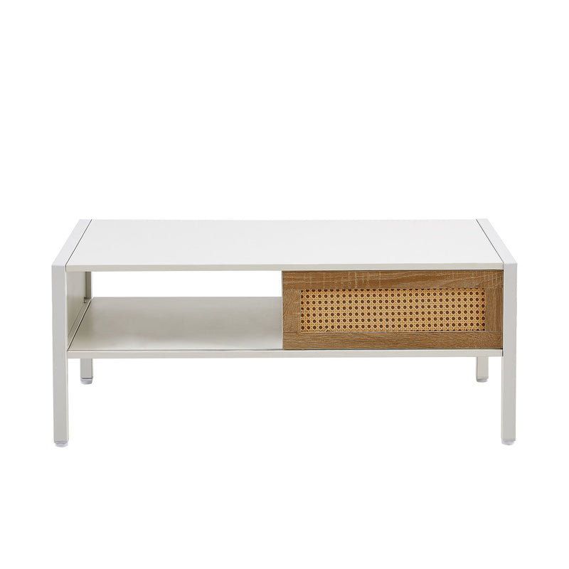 40.16" Rattan Coffee Table, Sliding Door For Storage, Metal Legs, Modern Table For Living Room