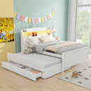 Full Size Platform Bed With Storage LED Headboard, Twin Trundle And 3 Drawers - White