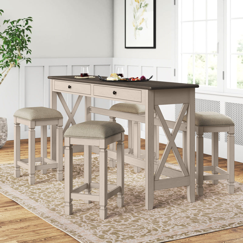 Console Table With 4 Stools - Antique White