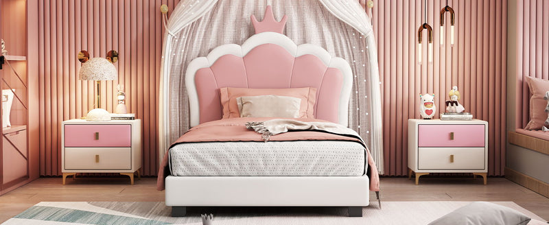 Twin Size Upholstered Princess Bed & Crown Headboard, Platform Bed With Headboard And Footboard - White / Pink