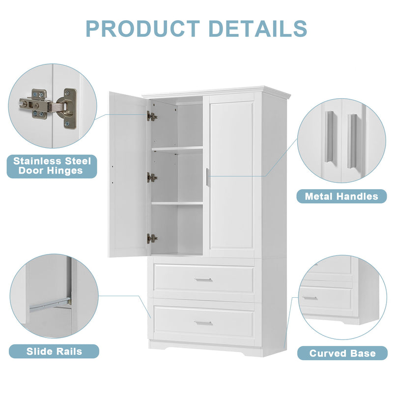 Tall Bathroom Storage Cabinet, Cabinet With Two Doors And Drawers, Adjustable Shelf, MDF Board - White