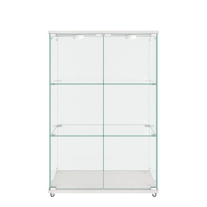 Modern Display Cabinet With LED Lights, Transparent Tempered Glass 2 Door Storage Case With 3 Shelves
