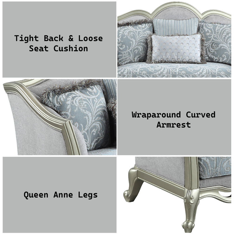 Qunsia - Loveseat - Light Gray Linen & Champagne Finish - Atlantic Fine Furniture Inc