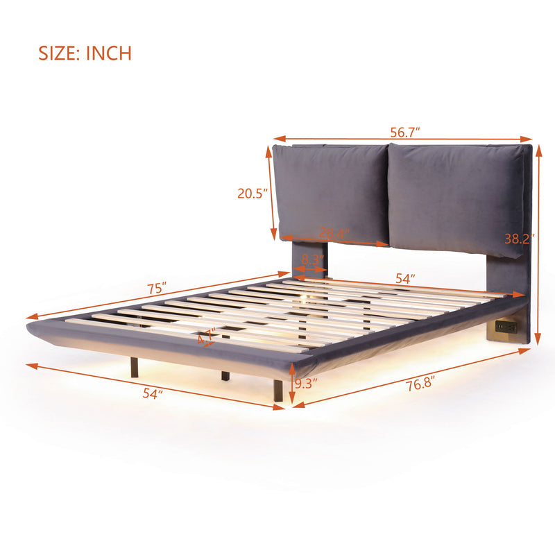 Upholstered Platform Bed With Sensor Light And 2 Large Backrests, With 2 Sets Of USB Port And Socket On Each Rear Bed Leg