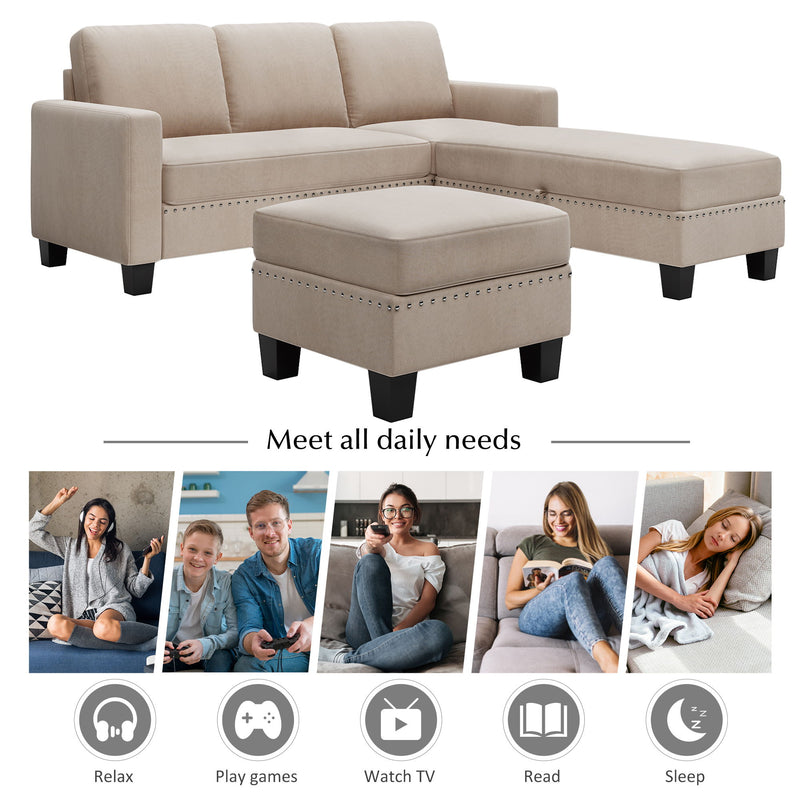 Reversible Sectional Couch With Storage Ottoman L-Shaped Sofa, Sectional Sofa With Chaise, Nailheaded Textured Fabric 3 Pieces Sofa Set - Warm Gray