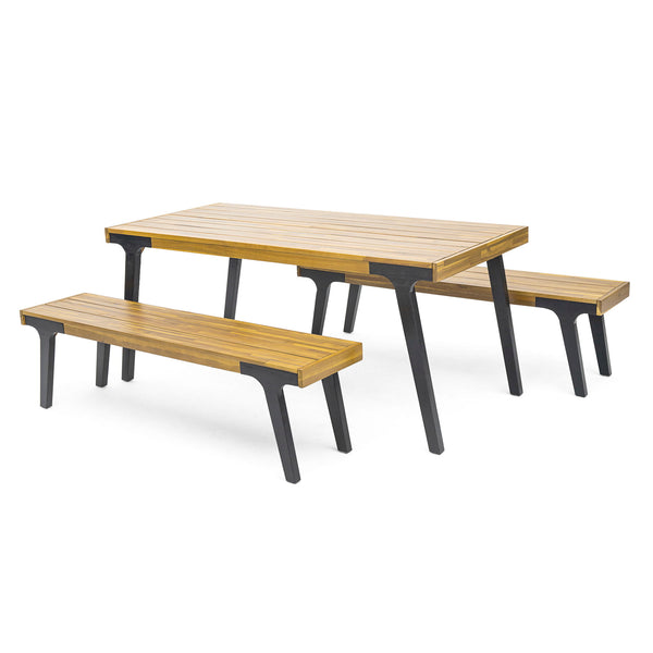 1 Dining Table & 2 Dining Benches - Light Teak