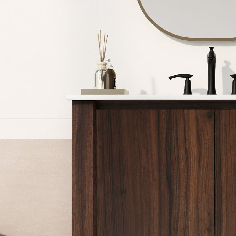 36" Modern Bathroom Vanity With Rectangle Ceramic Sink, Bathroom Cabinet And 45 Degrees Free Handle Design Soft Closing Doors, 1 Open Shelf At The Bottom - Dark Brown