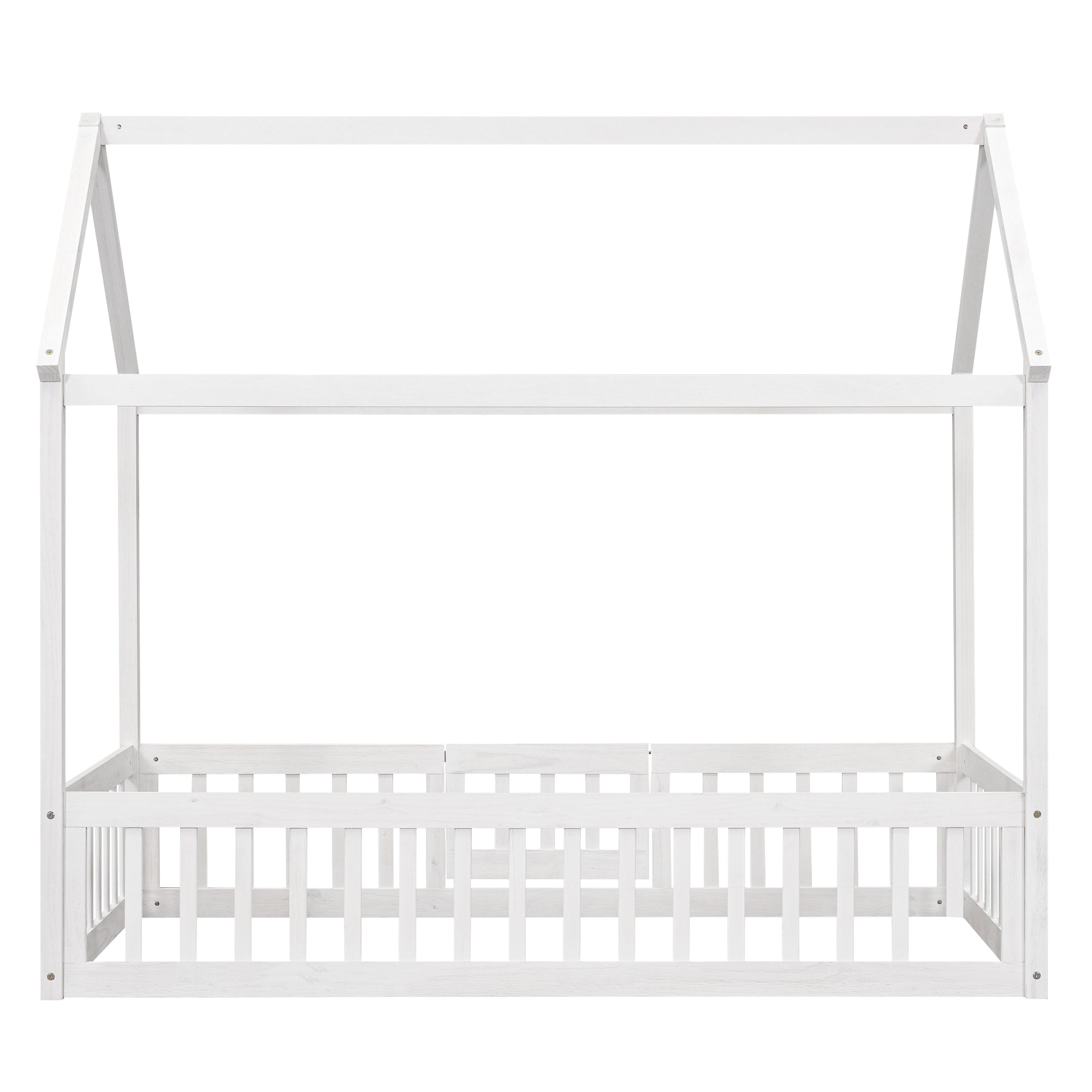 Twin Size Wood House Bed with Fence and Door, White Wash