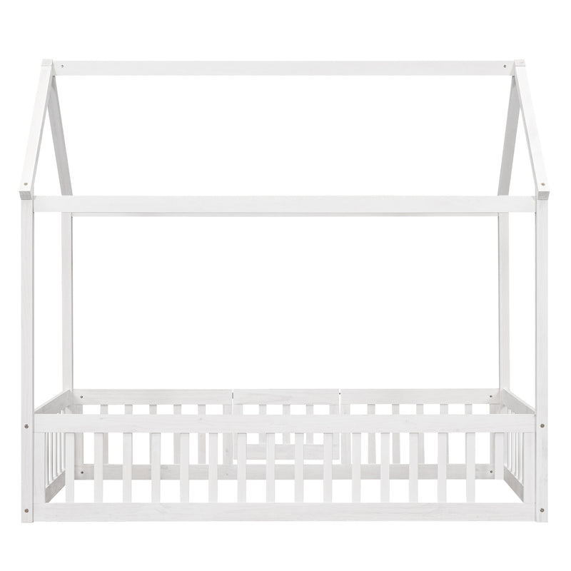 Twin Size Wood House Bed with Fence and Door, White Wash