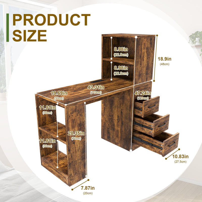 Computer Desk With 4 In 1 Socket & 3 Drawers, 4 Tier Shelves