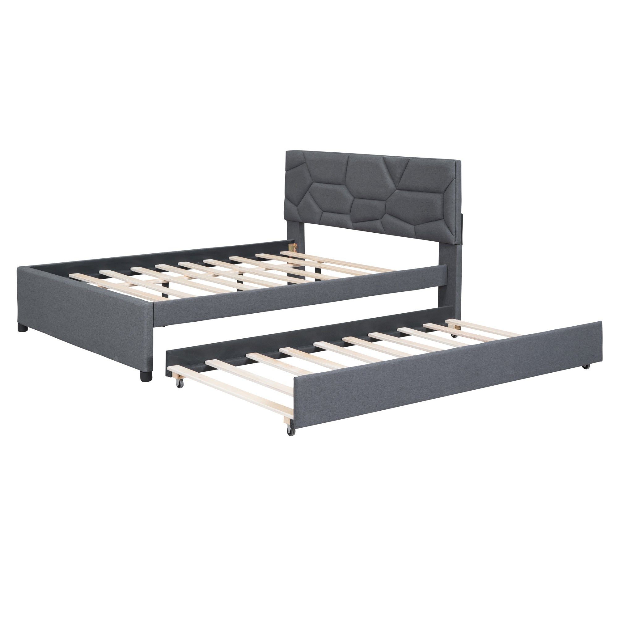 Full Size Upholstered Platform Bed with Brick Pattern Headboard and Twin Size Trundle, Linen Fabric, Gray - Atlantic Fine Furniture Melbourne FL