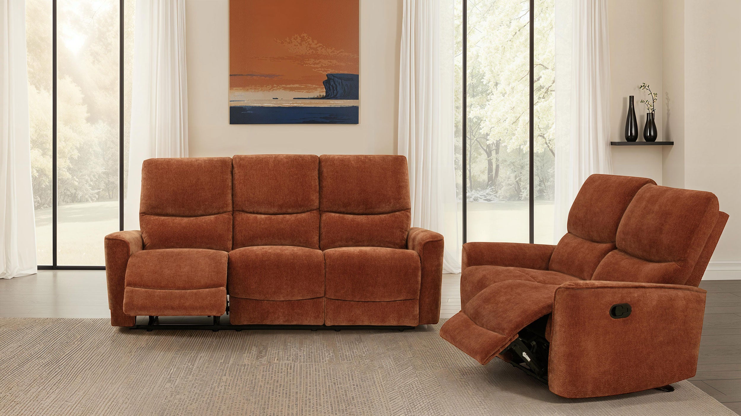Navarro Chenille Upholstered Reclining Sofa Burnt Orange — view 14