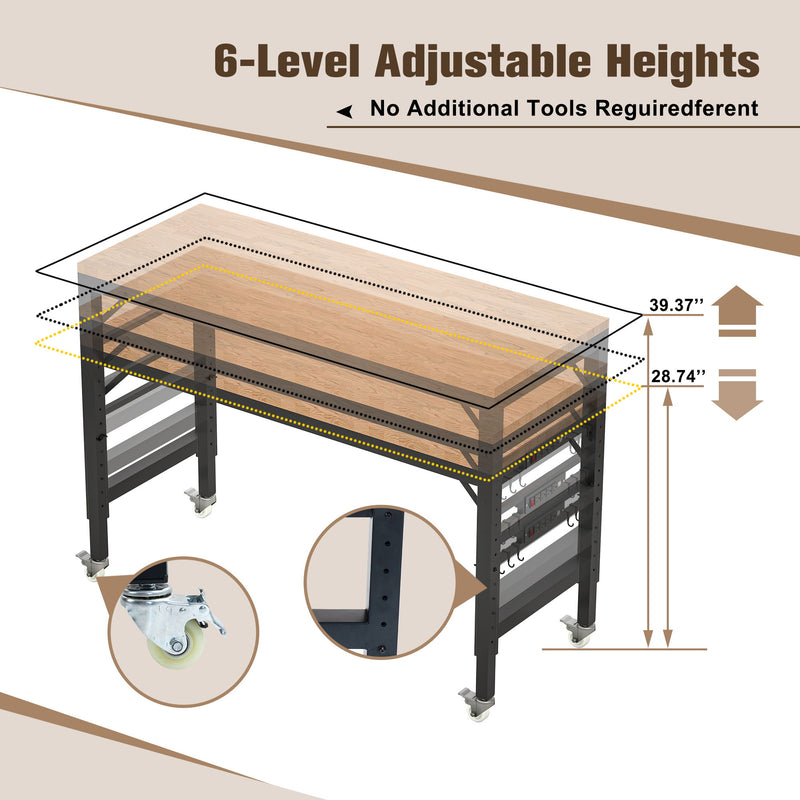 Adjustable Workbench For Garage, Rubber Wood Heavy Duty Workstation With Power Outlets & Wheels, 2000 Lbs Load Capacity Hardwood Worktable For Workshop - Black