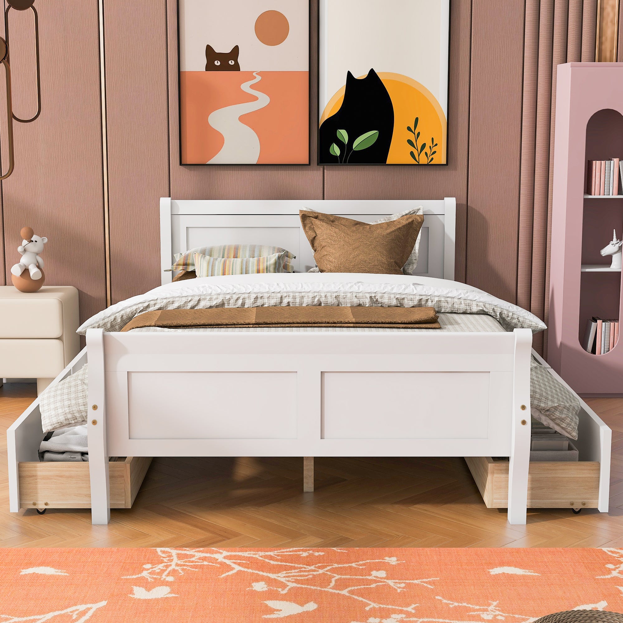 Full Size Wood Platform Bed with 4 Drawers and Streamlined Headboard & Footboard, White - Atlantic Fine Furniture Melbourne FL