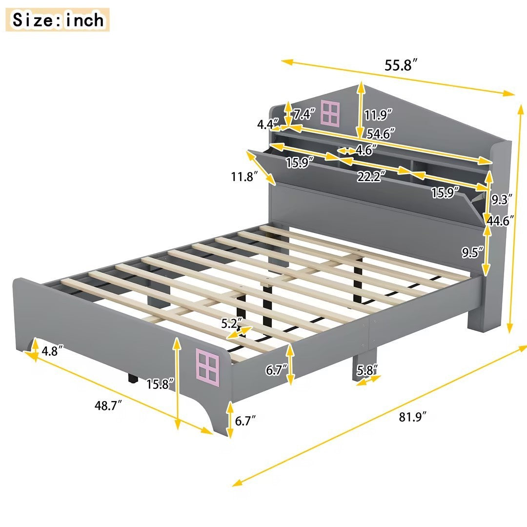 Wooden Full Size House Bed with Storage Headboard ,Kids Bed with Storage Shelf,Grey - Atlantic Fine Furniture Melbourne FL