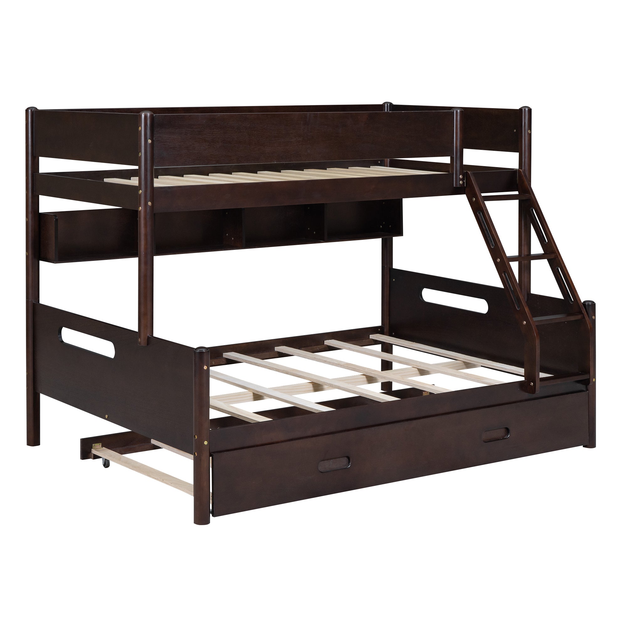Wood Twin over Full Bunk Bed with Storage Shelves and Twin Size Trundle, Espresso - Atlantic Fine Furniture Melbourne FL