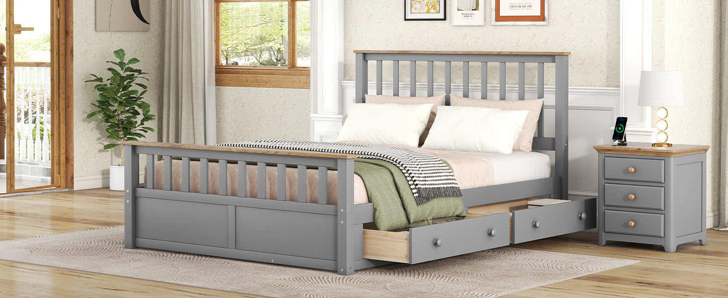 Queen Size Wood Platform Bed with Two Drawers and Wooden Slat Support,Gray+Natrual - Atlantic Fine Furniture Melbourne FL