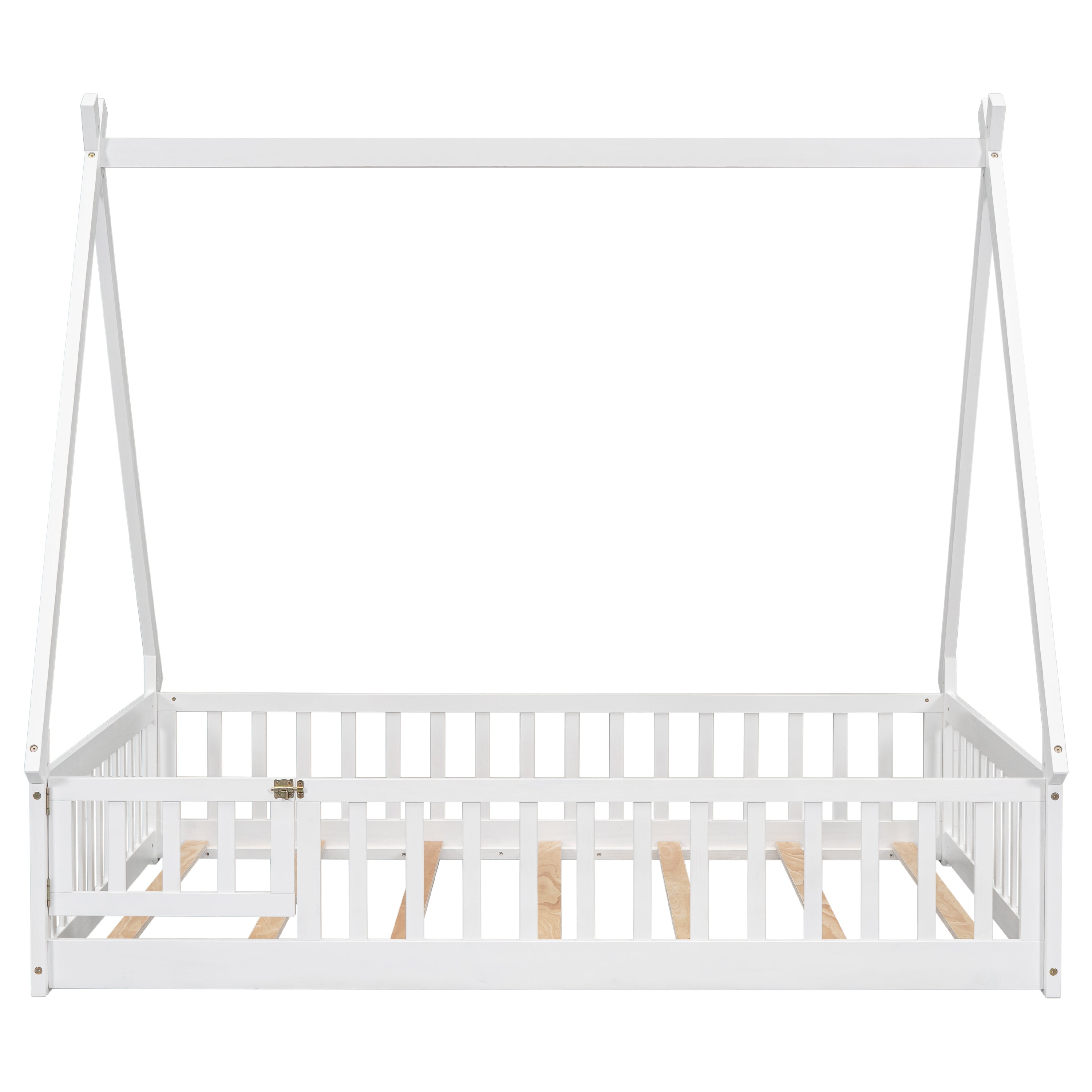 Full Tent-shaped Floor Bed, with Guardrails, Slats, Door ,White