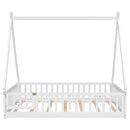 Full Tent-shaped Floor Bed, with Guardrails, Slats, Door ,White
